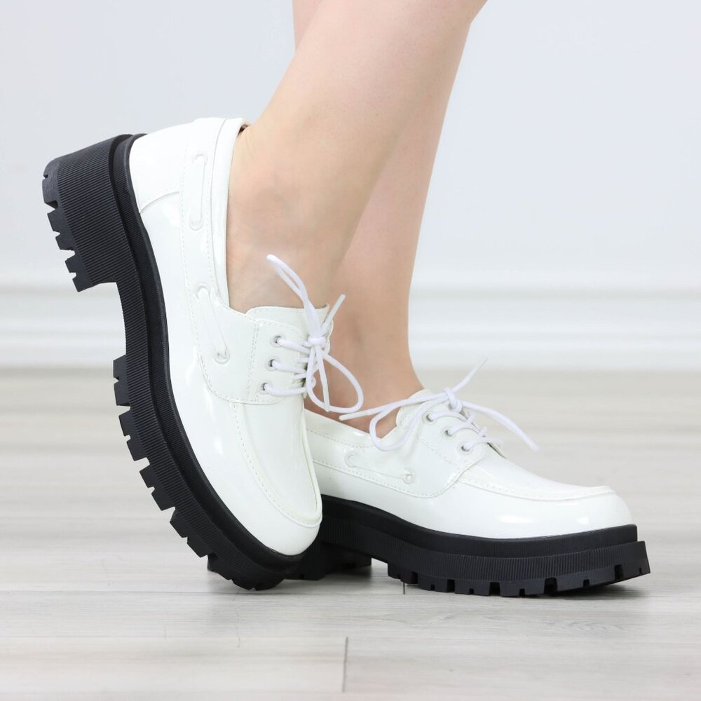 Chunky Loafer Lug Sole Slip On White Patent Lace Up
